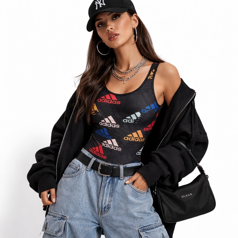Adidas Carbon and Multicolor Logo Scoop Neck Bodysuit